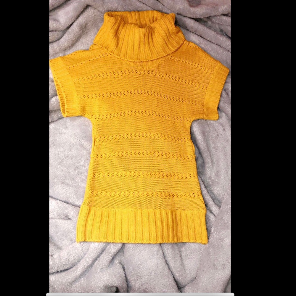 Mustard colored cowl neck sweater dress
